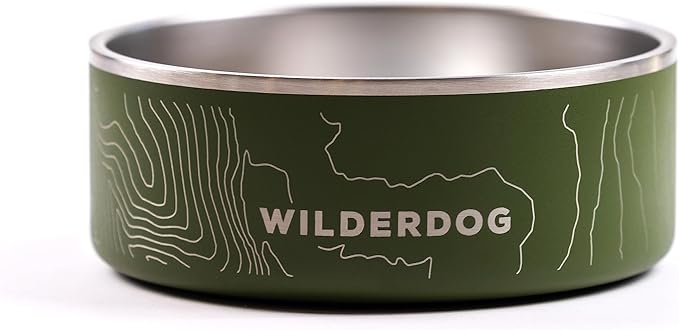 Wilderdog Slow Feeder & Stainless Steel Dog Bowl Set – Olive 32 oz BPA-Free Kitchen-Grade Steel with Non-Slip Base – Feeder Promotes Healthy Digestion – Fits 7"+ Bowls – Dishwasher Safe