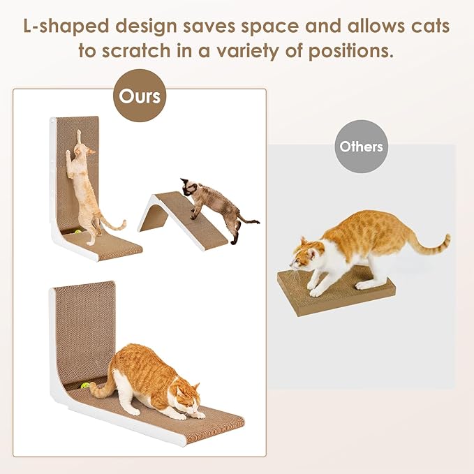 EHEYCIGA Cardboard Cat Scratcher for Indoor Kitten Cats, 19 Inch L Shaped Vertical Cat Scratching Board with Ball Cat Toy, Small Cat Scratcher Pad, White