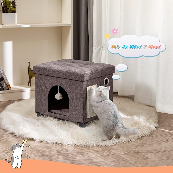BRIAN & DANY Foldable Cat House, Cat Cave, Cat Cube with Scratch Board & Ball, 14.7" x 14.1” x 12.7”, Brown
