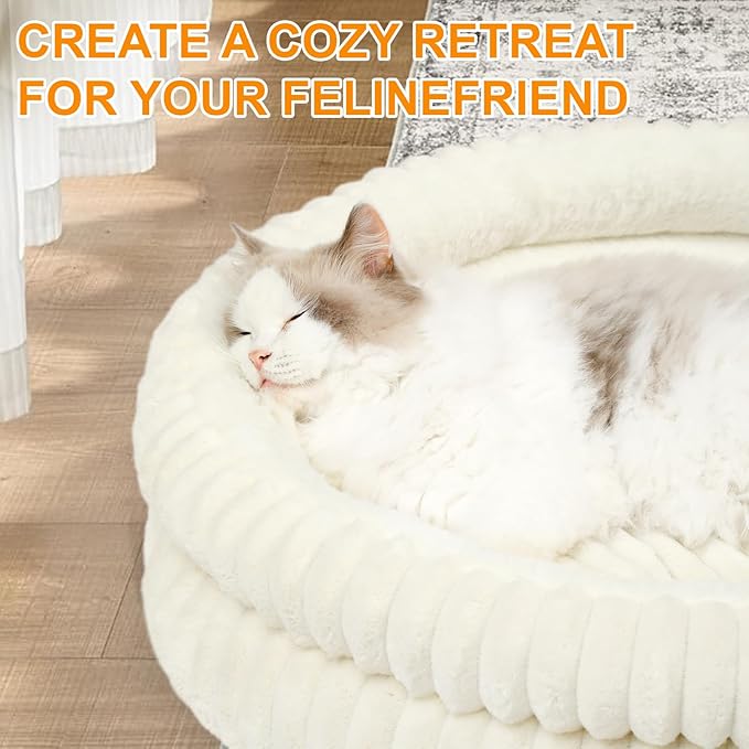 Washable Round Donut Dog Bed,Cat Beds for Indoor Cats,Fluffy Puppy Dogs Beds for Small Dogs with Anti-Slip Bottom(White, Medium)