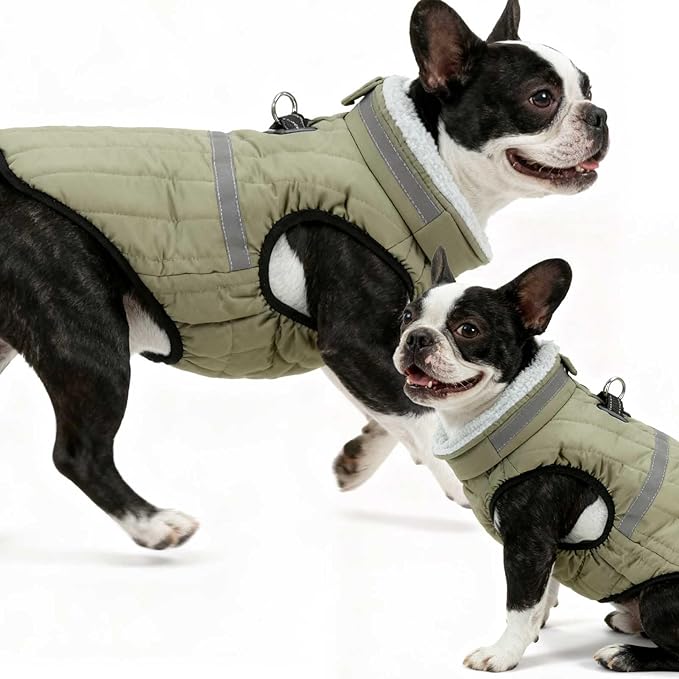 EXPAWLORER Dog Winter Coat Jacket, Thick Warm Waterproof Reflective Puppy Snowsuit With Harness Buit In, Pet Fleece Vest Soft Turtleneck With Zipper Cold Weather For Small Medium Large Dogs - Green, M