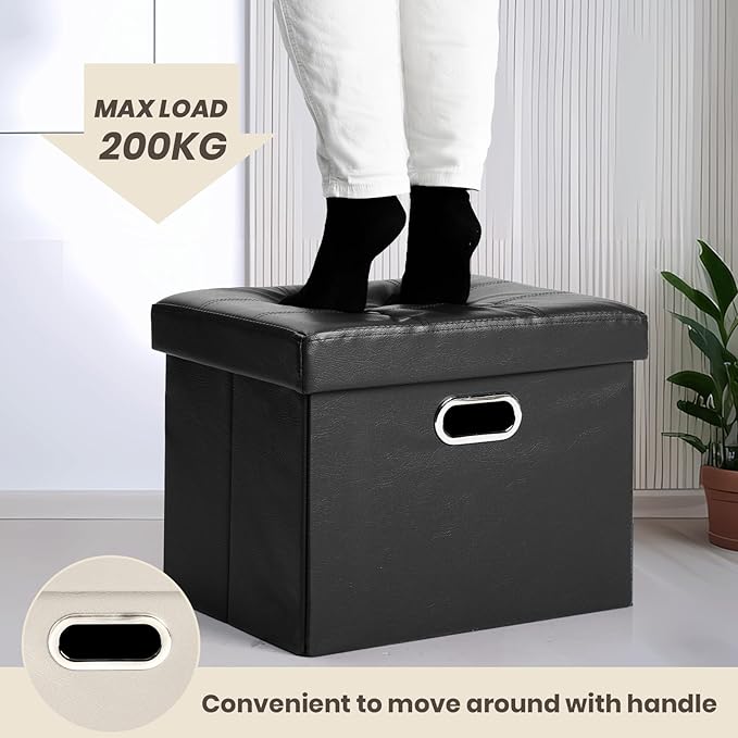 COSYLAND Ottoman with Storage Folding Leather Ottoman Footrest Foot Stool Black Ottoman for Room Small Rectangle Collapsible Bench Furniture with Handles Lid Toy Chest 17x13x13in