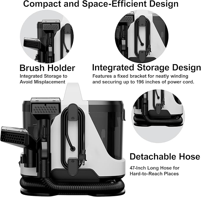 Carpet Spot Cleaner Machine, 16Kpa Portable Deep Cleaner with 62.5oz Tank and for Carpets, Upholstery, Pet Hair，Includes 2 Brushes, Extension Hose (White)