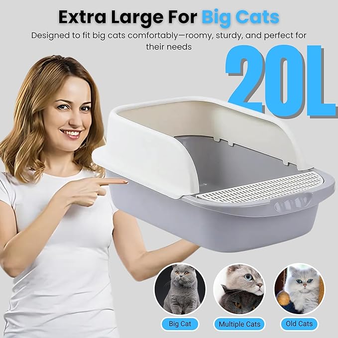 Large Open-Top Cat Litter Box with High Sides, Enclosed Scatter Shield Design, Easy Clean Plastic Litter Pan, Includes Scoop (Grey)
