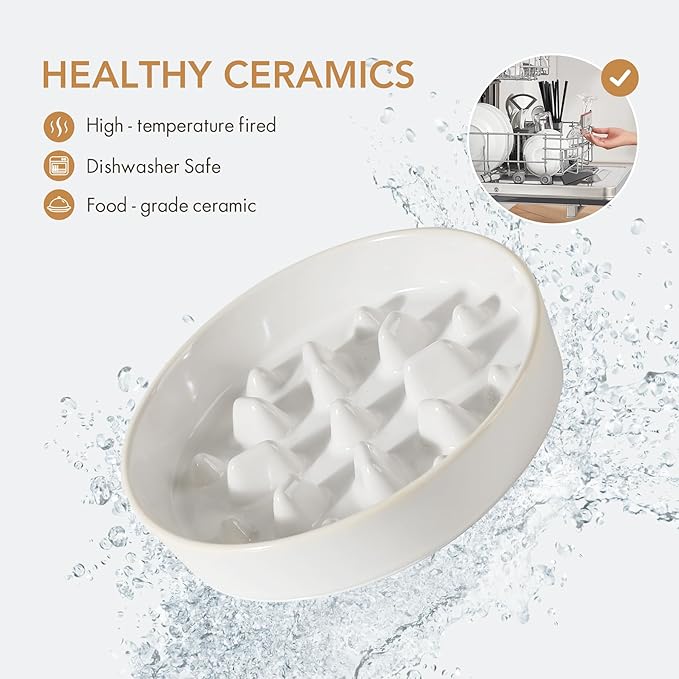 Ceramic 1.6 Cup Raised Slow Feeder Dog Bowl Set, Elevated 7.3inch Bowl and 8.2inch Slow Feeder Dish with Acacia Wood Stand for Medium and Large Dogs (2 x Reactived Glaze -White+ Stand)