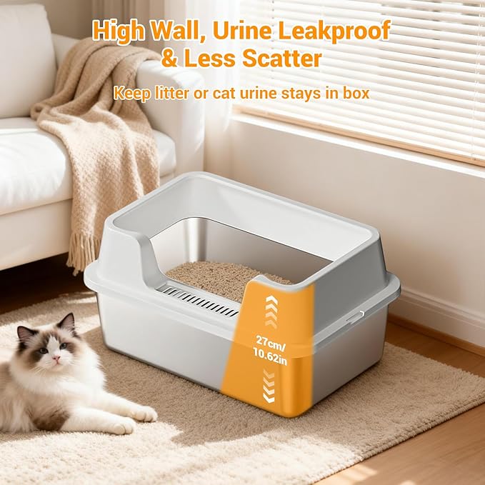 Enclosed Stainless Steel Cat Litter Box with Lid, XL Extra Large Litter Box for Big Cats, Metal Litter Pan High Sided, Never Absorbs Odors, Anti-Urine Leakage, Easy Cleaning, Include Scoop