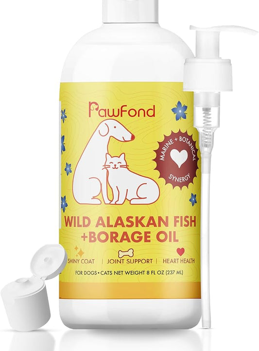 Wild Alaskan Pollock & Salmon Oil for Dogs & Cats - Omega 3 EPA DHA Fish Oil with Borage Oil GLA 22% - Anti-Itch, Skin & Coat Supplement, Joint Support, Allergy Relief -100% Natural - 8oz Pump