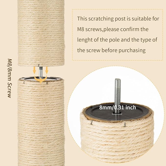 2 Root Cat Scratching Post Replacement 11.81x3.54 Cat Tree Scratch Post Replacement Natural Sisal Pole Cat Scratch Post Refill Pole Part with M8 Screws for Kitten Tree Tower Cat Furniture Accessories