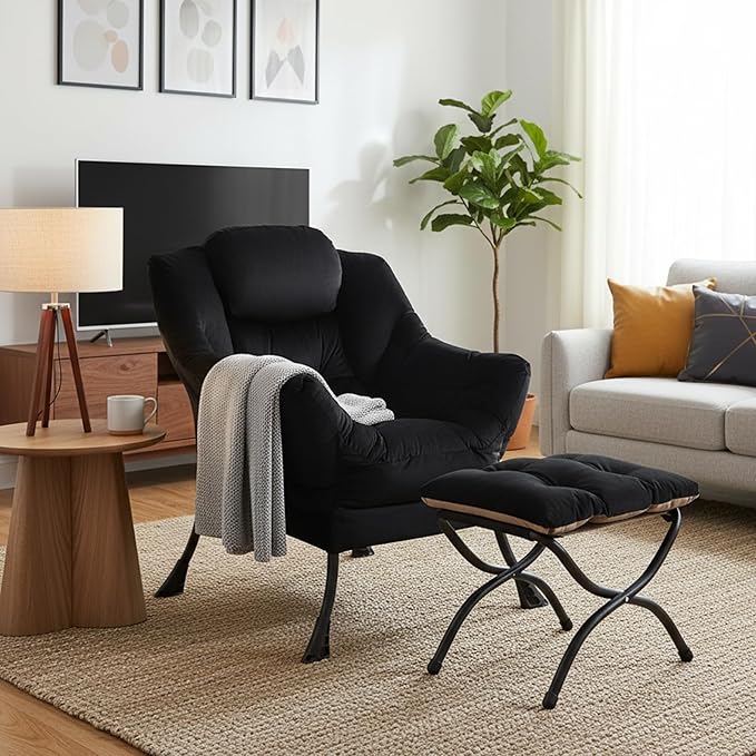 Welnow Lazy Chair with Ottoman, Modern Lounge Accent Chair with Armrests and a Side Pocket, Leisure Sofa Armchair, Reading Armchair with Footrest for Small Space, Black
