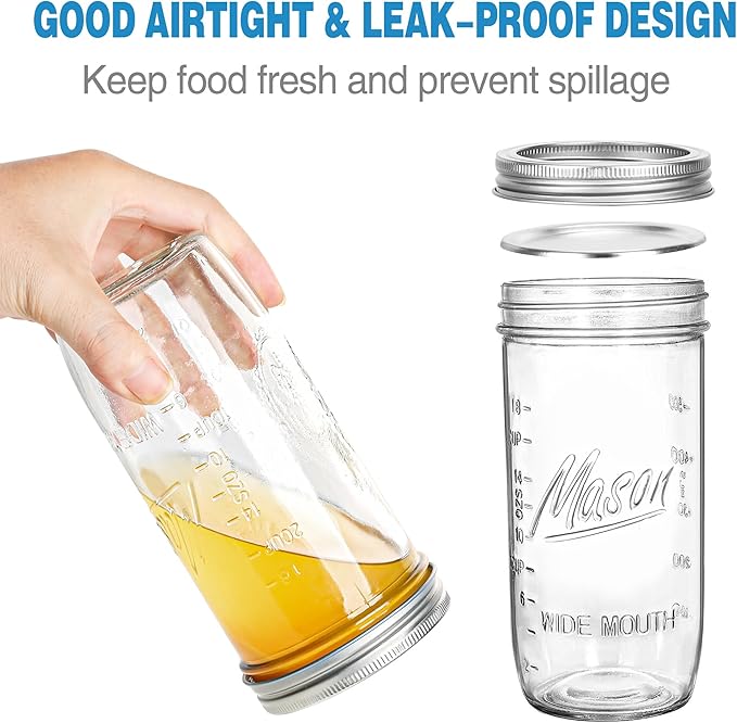 24 oz Wide Mouth Mason Jars - Canning Jars with Metal Airtight Lids and Bands, 24 ounce Mason Glass Jars for Fermenting, Pickling, Meal Prep, Overnight Oats, Jam, Jelly, DIY Projects (12 pack)