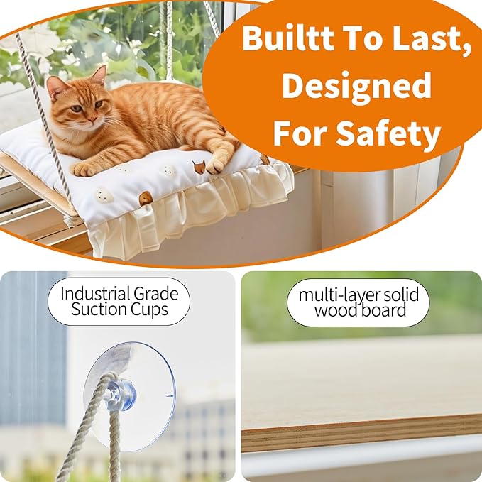 Cat Window Perch, Heavy Duty 20KG/44LB Suction Cup Hammock Bed with Soft Cushion, Secure & Stable Window Mount for Lazy Time, Bird Watching, Safe for Large Cats, 18.9"x14.5" (Little Bear)