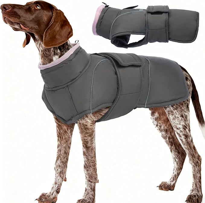 Gray Dog Coat Thick Pets Clothes Waterproof Dogs Jacket with Fleece Lined Windproof Dog Coats for Large Dogs Soft Pet Sweater for Cold Weather Warm Pet Winter Puffer Coat with Leash Hole