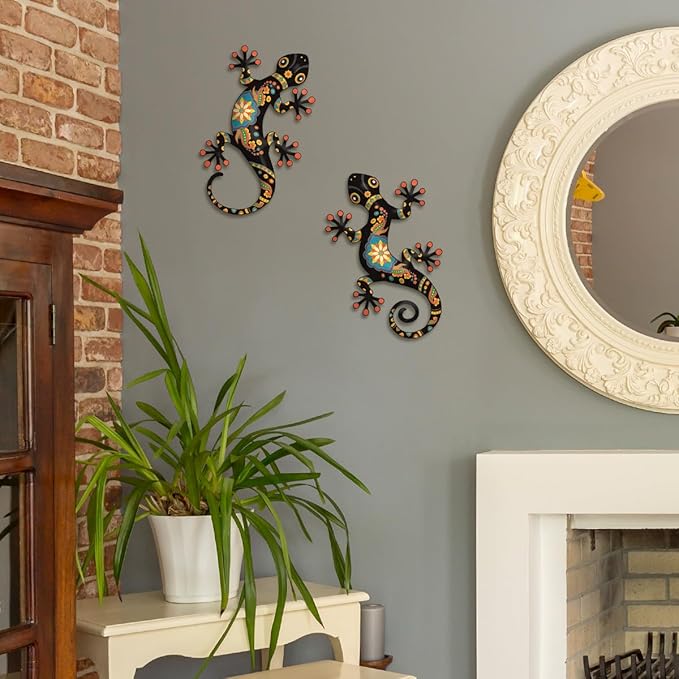 Metal Gecko Outdoor Decor -2 Pack 11.8 inch Metal Lizard Wall Hanging Sculpture Decoration for Indoor or Outdoor, Garden Yard Fence Porch Wall Decorations (Black)