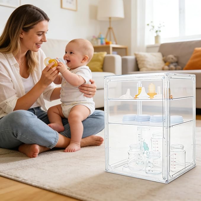 Baby Bottle Storage Organizer - 3 Tier Acrylic Storage Containers with 2 Removable Dividers, Clear Adjustable Baby Bottle Station Organizer for Countertop Cabinet, BPA-Free (3 Layer, Clear)