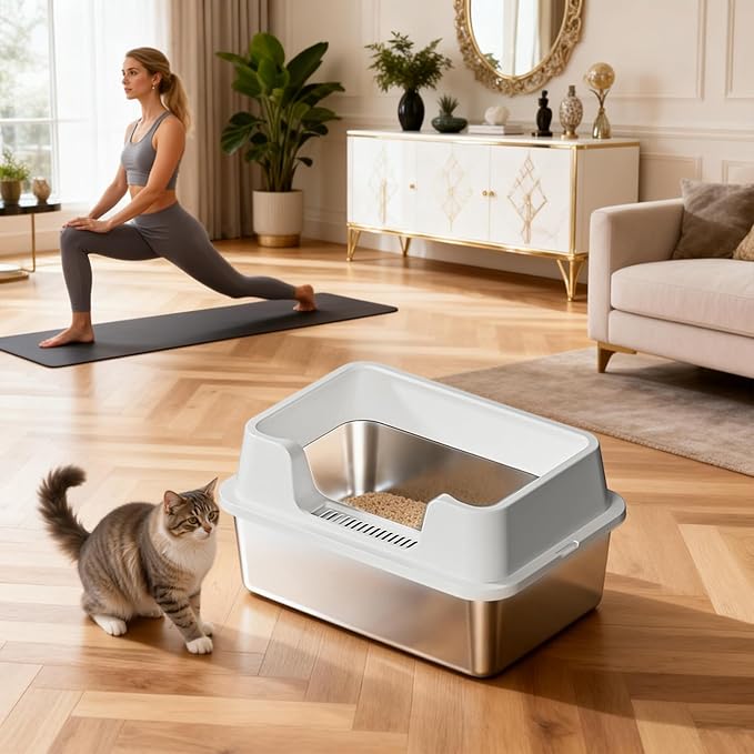 Enclosed Stainless Steel Cat Litter Box with Lid, XL Extra Large Litter Box for Big Cats, Metal Litter Pan High Sided, Never Absorbs Odors, Anti-Urine Leakage, Easy Cleaning, Include Scoop