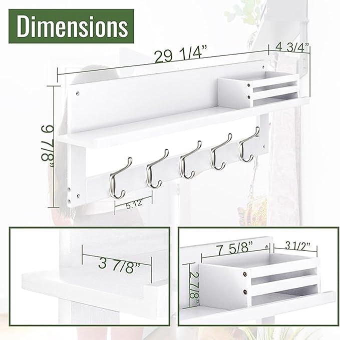 Wall Hooks with Shelf, 29.25 inch Coat Rack Wall Mount with Mail Organizer Box, Wooden Hat Rack with 5 Hooks, Coat Hanger and Key Holder for Wall, Classic White