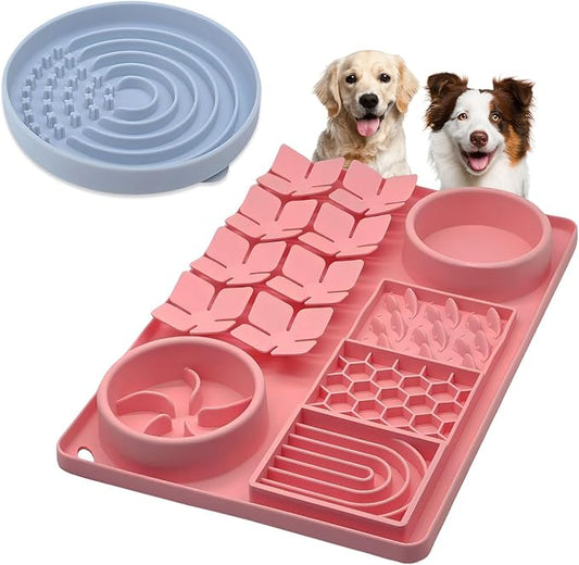 Slow Feeder Bowl Bundle: Pink 4in1 Licking mat + Blue Dot Maze Feeder, Silicone Lick Mat with Suction Cups, Snuffle mat for Dogs, Interactive Sniff Mat for Slow Eating and Keep Busy
