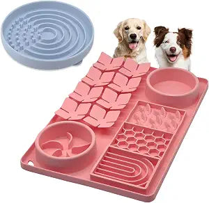 Slow Feeder Bowl Bundle: Pink 4in1 Licking mat + Blue Dot Maze Feeder, Silicone Lick Mat with Suction Cups, Snuffle mat for Dogs, Interactive Sniff Mat for Slow Eating and Keep Busy
