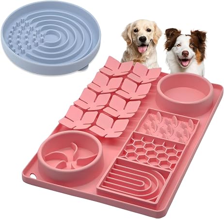 Slow Feeder Bowl Bundle: Pink 4in1 Licking mat + Blue Dot Maze Feeder, Silicone Lick Mat with Suction Cups, Snuffle mat for Dogs, Interactive Sniff Mat for Slow Eating and Keep Busy
