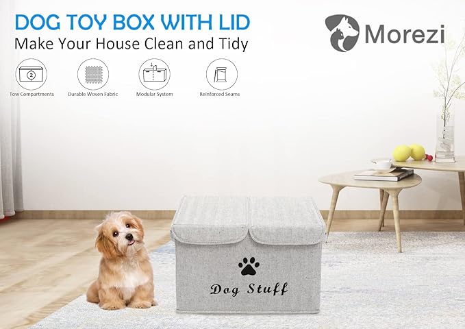 Dog toy box with lid dog storage organizer perfect basket for dog toys living room, playroom, closet, home organization and storage - Gray Stripe