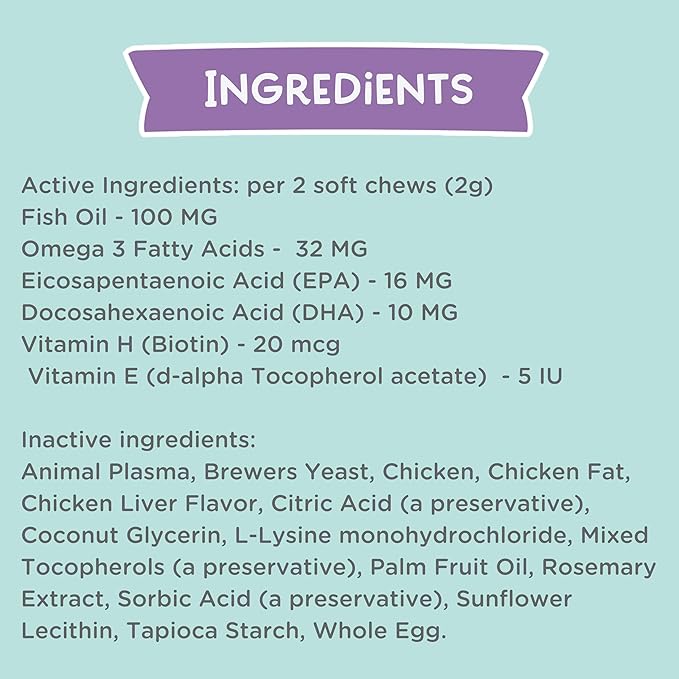 LOVE, NALA - Skin and Coat Supplement for Cats - 90 Tasty Soft Chews - Omega 3 Fish Oil, Biotin, Vitamin E Supports Skin & Fur Health - 3.2 oz