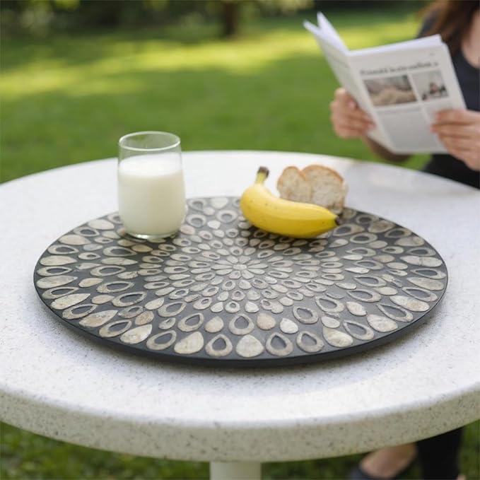 13.8" Mother of Pearl Lazy Susan Turnable Organizer, 360 Degree Round Table Countertop Decorative Spinning Tray for Kitchen Cabinet Counter Spice Pantry Dinner Table (Black Peacock Feather)