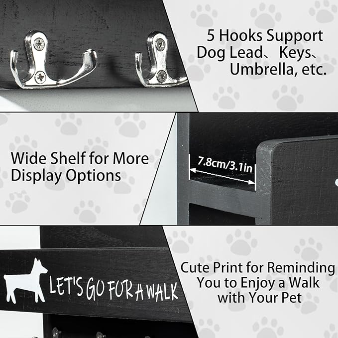 Wood Dog Leash Holder for Wall, Key Hangers with 5 Double Key Hooks, Dog Leash Hanger Wall Mounted for Entryway, Farmhouse Treats,35cm,Black