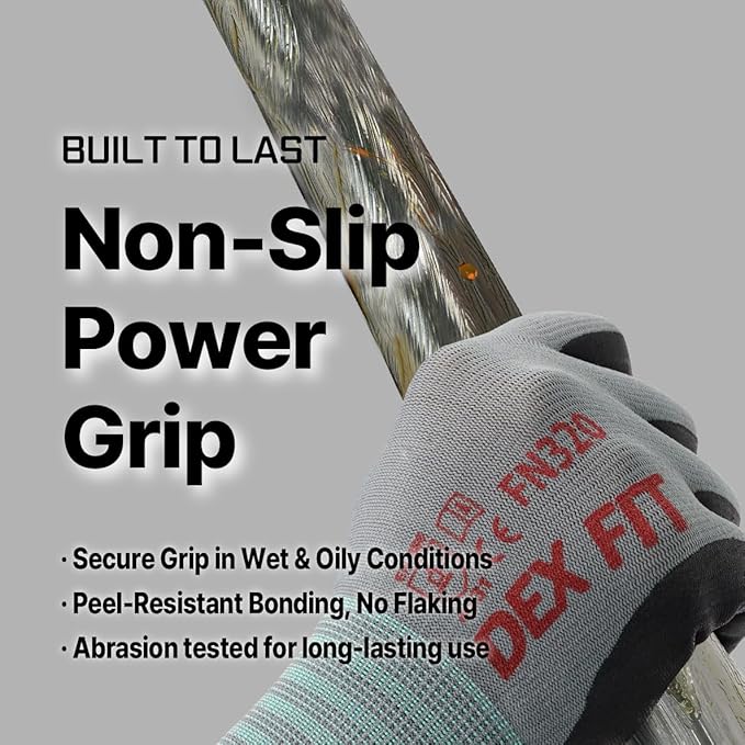 DEX FIT Premium Nylon Nitrile Work Gloves FN320, 3 Pairs, 3D-Comfort Stretchy Fit, Firm Grip, Thin & Lightweight, Durable, Breathable & Cool, Machine Washable; Grey 11 (XXL)