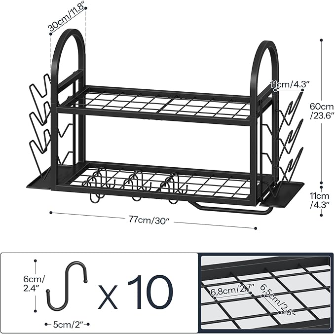 HOOBRO Pot Rack Wall Mounted, 2-Tier Kitchen Pot and Lid Organizer with 6 Lid Holders and 10 Hooks, Wall-Mounted Pot Rack with Towel Bar, for Kitchen Cookware Utensils Storage, Black BB100TL01