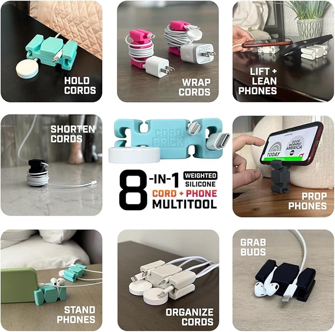 CordBrick Stocking Stuffers for Adults Cord Management Weighted Cord Holder Cable Wrap Phone Stand - Multiuse Gadget Organizer for Nightstand, Desk. Gift for Men, Durable Silicone. 1pk Blue