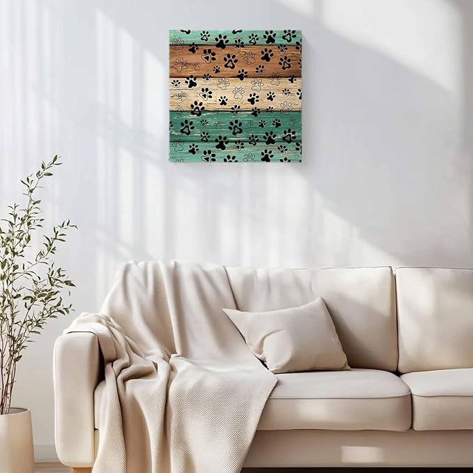 Framed Canvas Wall Art for Living Room Dog Paw Print Wall Decor, Retro Brown Sage Green Wood Grain Aesthetic Paintings for Bedroom Office Kitchen Bathroom, Ready to Hang Wall Pictures 24x24 Inch