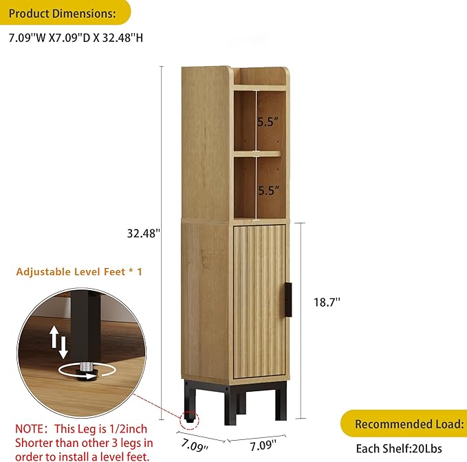 Small Bathroom Storage Cabinet, Corner Narrow Toilet Paper Floor Cabinet with Door and Shelves,Bathroom Organizer with Adjustable Shelf, for Small Spaces (Oak)