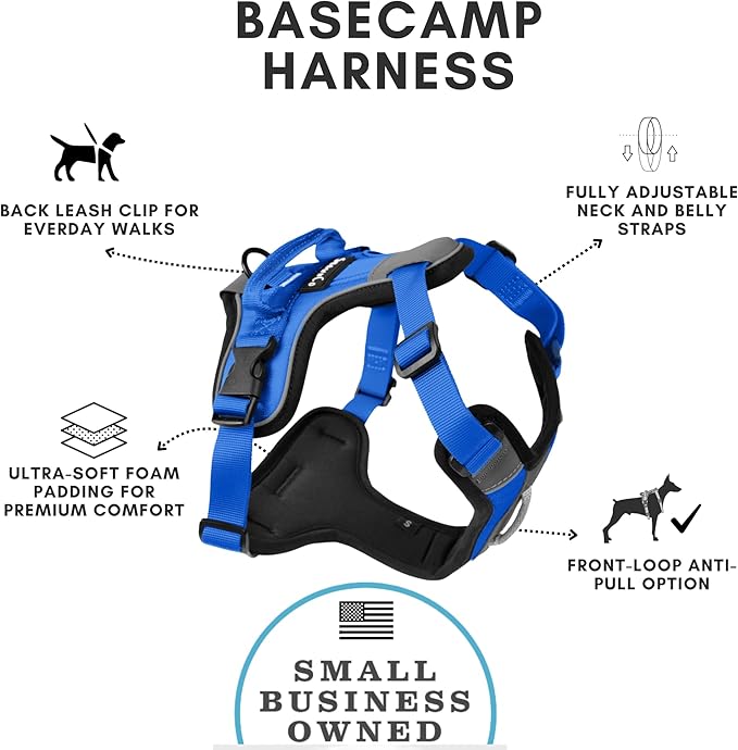 ShawnCo Basecamp Dog Harness, No-Pull Pet Vest with 3 Leash Clips, Padded, Reflective, Lightweight and Adjustable Harness with Handle for Small, Medium and Large Dogs (Electric Blue, XL)