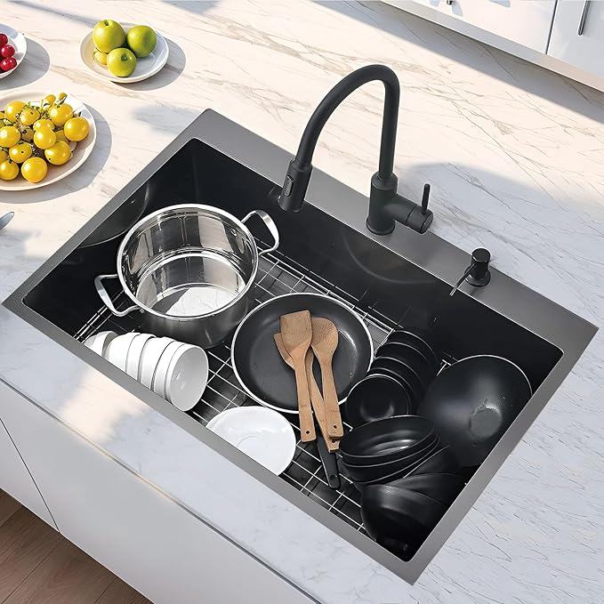 33″x22″x9″ Drop In Black Kitchen Sink, Top mount Stainless Steel Gunmetal Black Sink 16 Gauge Single Bowl, Handmade Commercial Modern Prep Kitchen Sinks