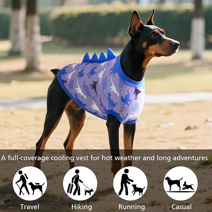 UPF 50+ Sun Protection Dog Shirt - Sleeveless Cooling Vest for Large Dogs Boy, Quick-Dry Pet T-Shirt with Funny Dinosaur Horns, UV Protective Breathable Dog Clothes U-COSBX03L