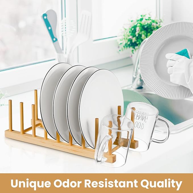 Thenshop 8 Pcs Wooden Plate Rack Organizer for Cabinet, 8 Slots Plate Drying Rack, Dish Organizer Holder, Pot Lid Stand, for Bowl Cup Cutting Board Kitchen Storage