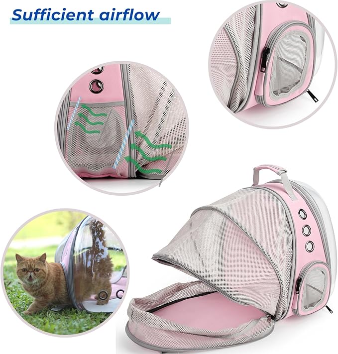 Expandable Bubble Cat Carrier Backpack — Airline Approved, Ventilated, Up to 14lbs (Pink)