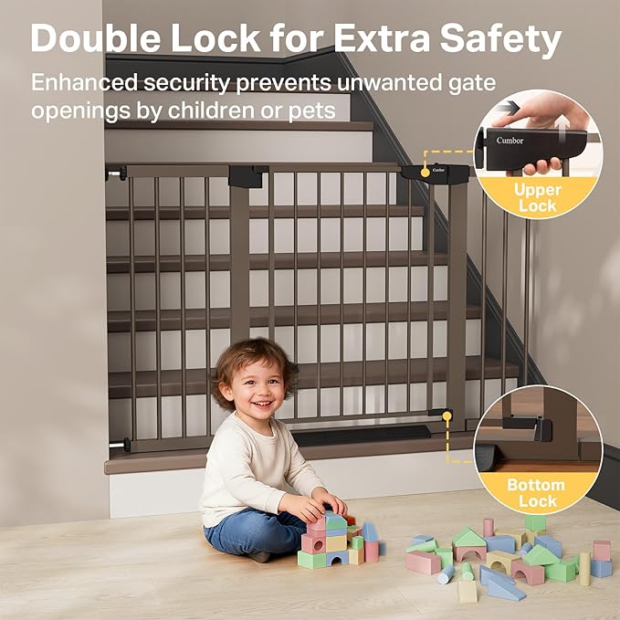 Cumbor 29.7"–51.5" Extra Wide Baby Gate for Stairs, Pressure-Mounted Dog Gates for Doorways & Hallways, Auto-Close Walk-Through, No-Trip Design, Child Proof Safety, Dog/Pet Gate for Indoor Use, Brown
