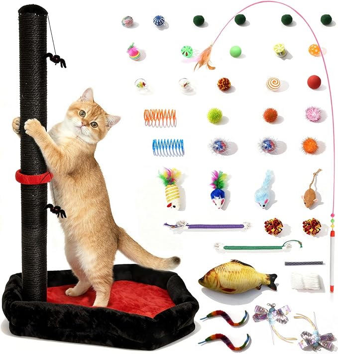 Gothic Cat Scratching Post with Bed, 40 Pcs Interactive Cat Toys, 34" Tall Cat Scratcher with Kitten Toys for Indoor Cats, Modern Sisal Post for Kittens & Adults