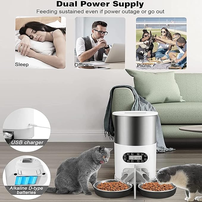 Automatic Cat Feeder for Double Pet,Pet Feeder Food Dispenser 3L/4.5L for Cat & Small Dog with Splitter & Double Bowls, Programmable 1-4 Meals Per Day & Dual Power Supply & Voice Recorder