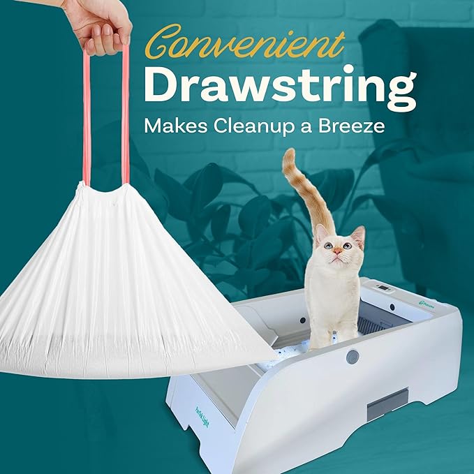 PurrTek Light Cat Litter Box Liners — LitterWrap Drawstring Bags for Automatic & Self-Cleaning Litter Boxes | Precision Fit, Jumbo Heavy-Duty, Leak-Proof, Unscented Odor Control, Replacement Refills