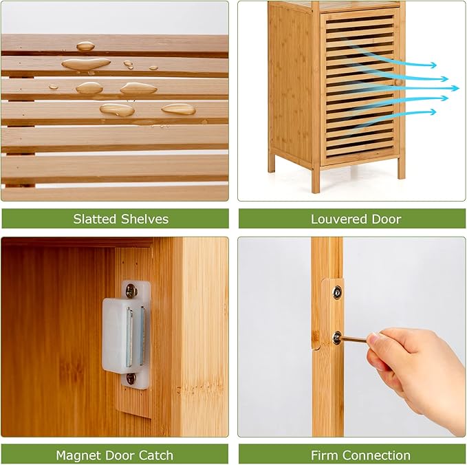 Tangkula Bathroom Cabinet, 65 Inch Tall Slim Bathroom Storage Cabinet with Shutter Door and 3 Open Shelves, Narrow Multifunctional Tower Cabinet, Natural Bamboo, 15.5 x 14.5 x 65 Inch