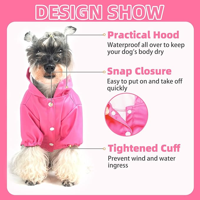 PUPTECK Dog Raincoat with Hood & Harness Built-in, Waterproof Dog Rain Jacket Slicker Poncho Reflective Vest Clothes for Rainy Snowy Winter Cold Days, Fuschia S