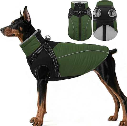 ASENKU Reflective Dog Coat with Built-in Harness, Windproof Fleece-Lined Dog Jacket for Small, Medium, Large Dogs, Warm Winter Vest with Turtleneck & Zipper (Green XL)