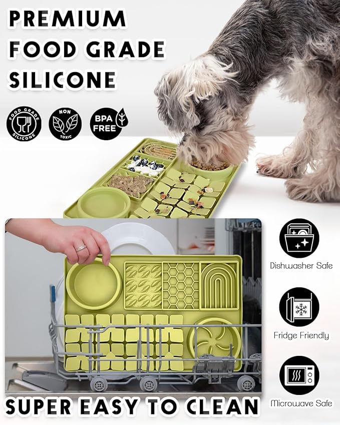 4-in-1 Silicone Snuffle Mat for Dogs, Dog Slow Feeder Bowl & Lick Mat with Suction Cups, Dog Puzzle Feeder Toy Sniff Mat for Smell Training Slow Eating Keeping Busy, Green