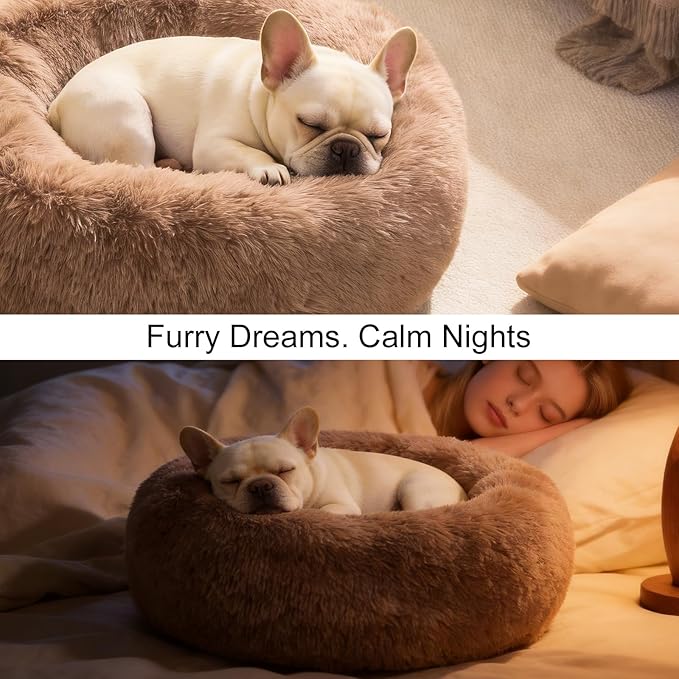Dog Calming Beds for Medium Large Dogs - Round Donut Washable Dog Bed, Anti-Slip Faux Fur Fluffy Donut Cuddler Anxiety Cat Bed(36" Khaki)