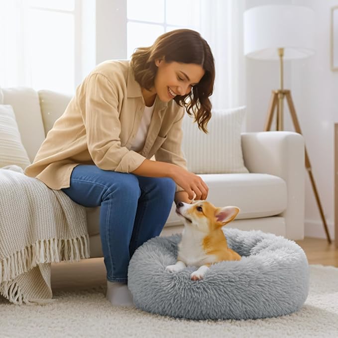 Calming Anti-Anxiety Donuts Dog And Cat Bed, Round Fluffy Soft Washable Small Medium Pet Bed For Puppy And Kitten, Cuddler Warming Comfortable Cushion, Luxury Anti-Slip Waterproof Mute Base 28in Gray