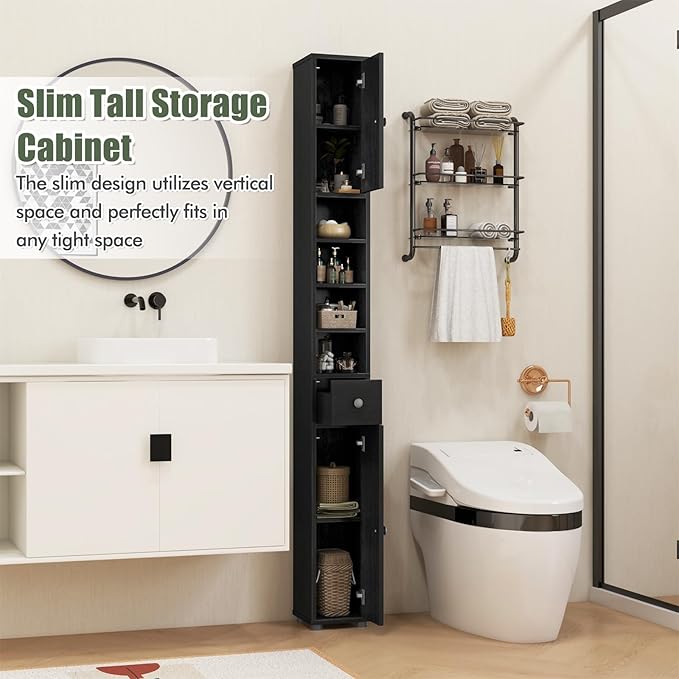 LDAILY 71”Tall Narrow Storage Cabinet, Skinny Bathroom Storage with 1 Drawer, 2 Doors, 5 Adjustable Shelves and Anti-Tipping Device, Wooden Slim Bathroom Cabinet for Office, Kitchen, Small Space