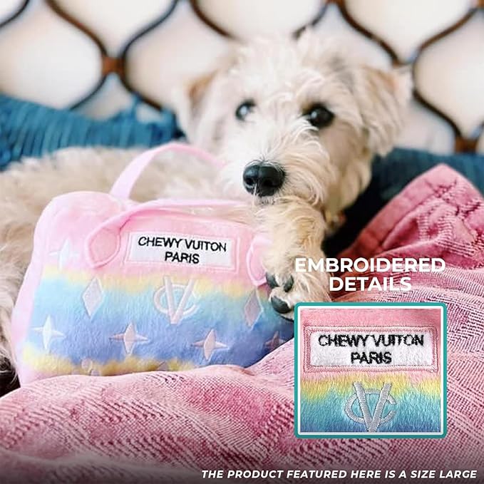 Haute Diggity Dog Pink Ombre Chewy Vuiton Handbag, Plush Designer Dog Toys with Interactive Squeaker, Stimulating Pet Enrichment, Machine-Washable & Safe Materials for All Breeds, Size Small