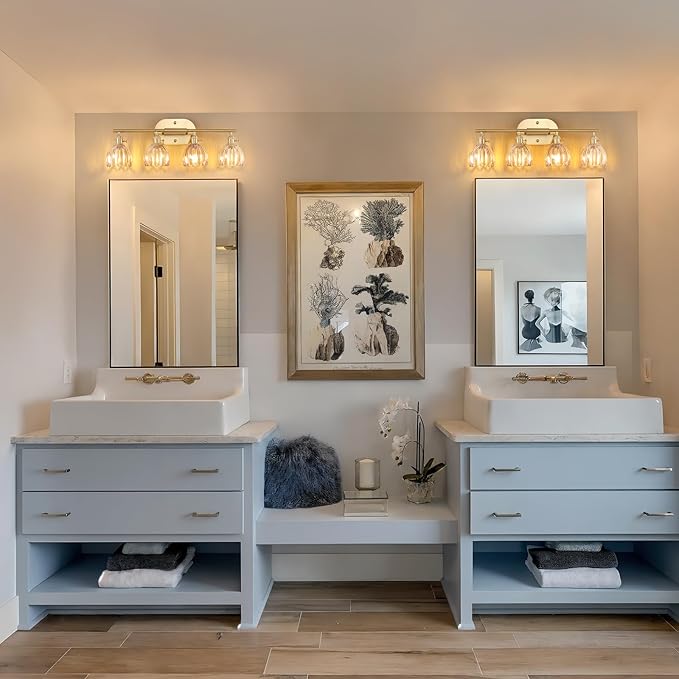 Bathroom Light Fixtures, 4-Light Brass Vanity Wall Light Over Mirror with Amber Tulip Glass Shade for Bedroom Living Room (Bulb Not Included)